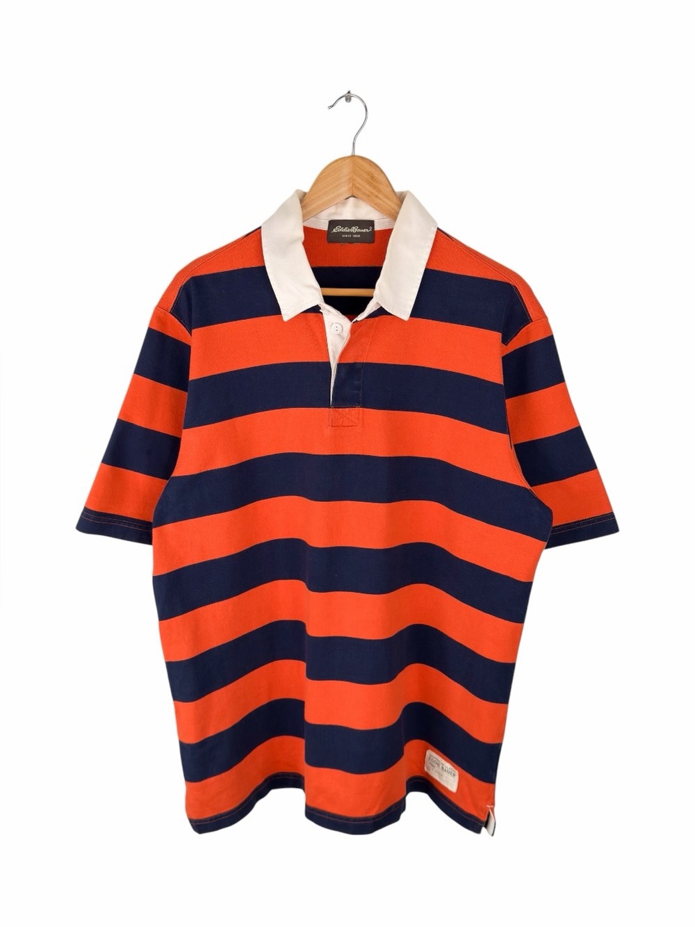 Eddie Bauer Men’s Large Rugby Shirt Orange Navy Stripe 100% Cotton White Collar